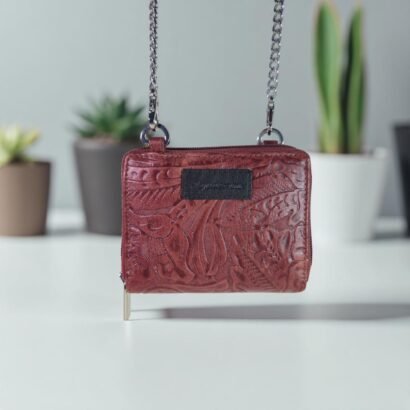 Premium Leather Mini Chain Sling Wallet for Girls Brown Texture